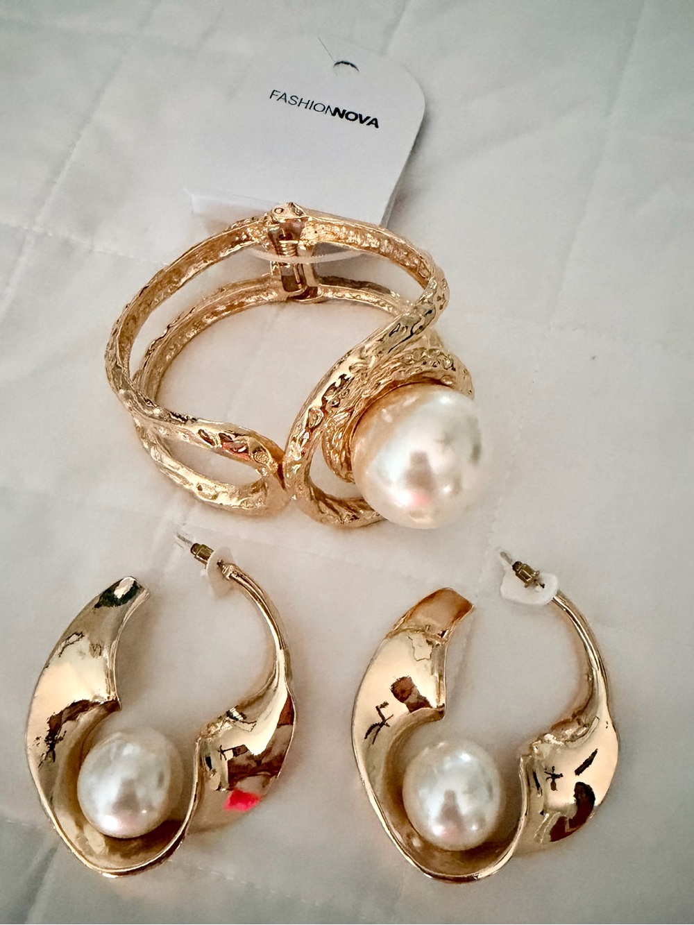 Fashion Nova Gold Pearl Bangle and Hoop Set